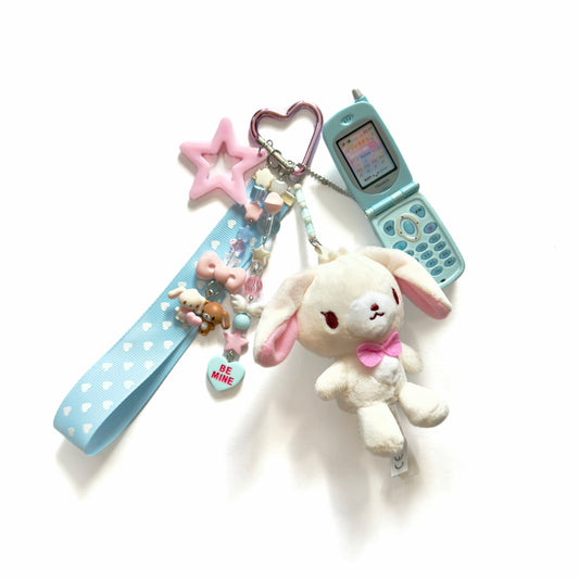 Kawaii Sugar Bunny Plush Keychain with tiny phone– Cute Pink Heart Ribbon Bag Charm Fairy Kei Y2K Harajuku Maximalist Accessory