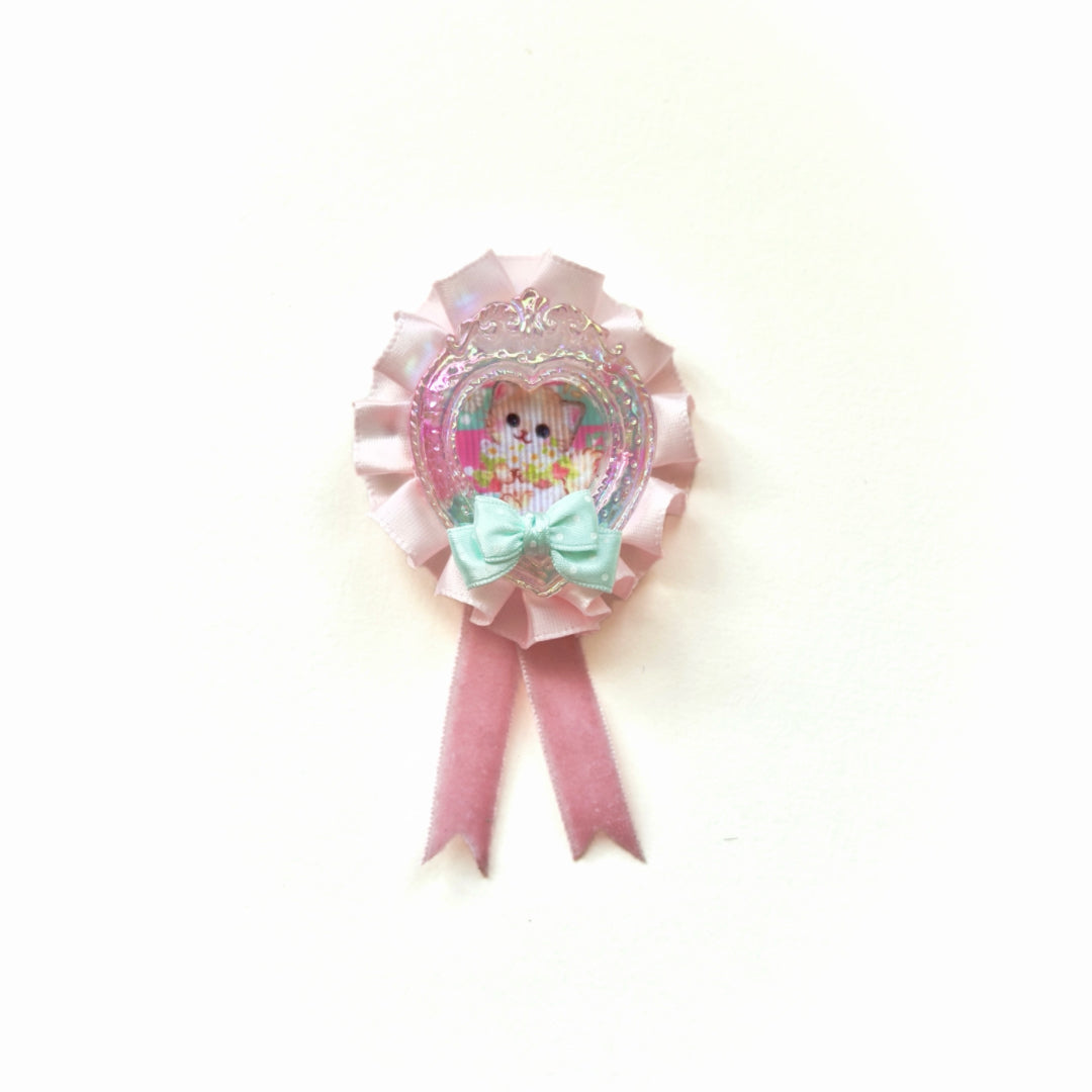 Whimsical Handmade Kawaii Kitten Rosette Brooch | Pastel Ribbon | Hair clip | Keychain | Bag charm