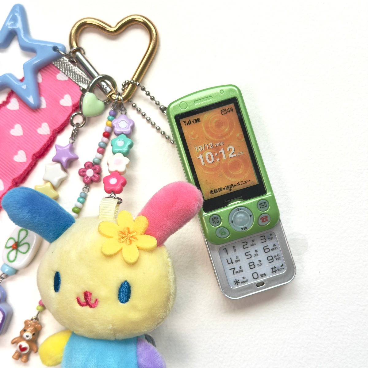 Kawaii Sanrio Plush Keychain with tiny phone– Cute Pink Heart Ribbon Bag Charm Fairy Kei Y2K Harajuku Maximalist Accessory