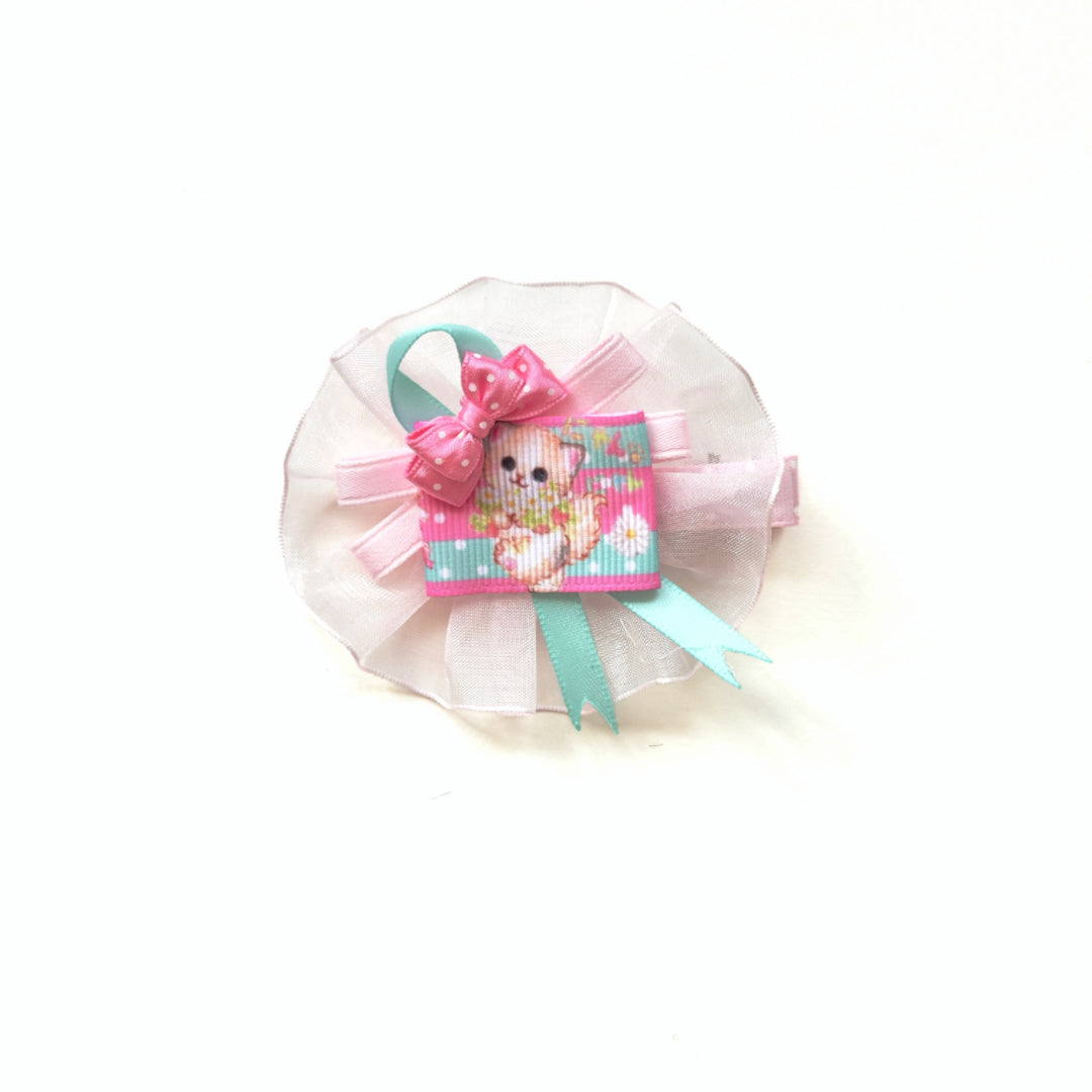 Whimsical Handmade Kawaii Kitten Rosette Brooch | Pastel Ribbon | Hair clip | Keychain | Bag charm