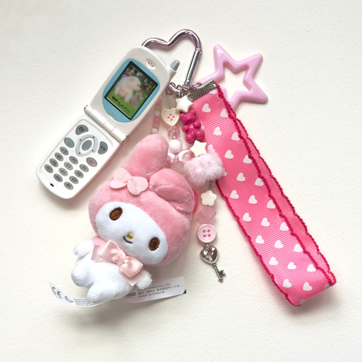 Kawaii Sanrio Plush Keychain with tiny phone– Cute Pink Heart Ribbon Bag Charm Fairy Kei Y2K Harajuku Maximalist Accessory