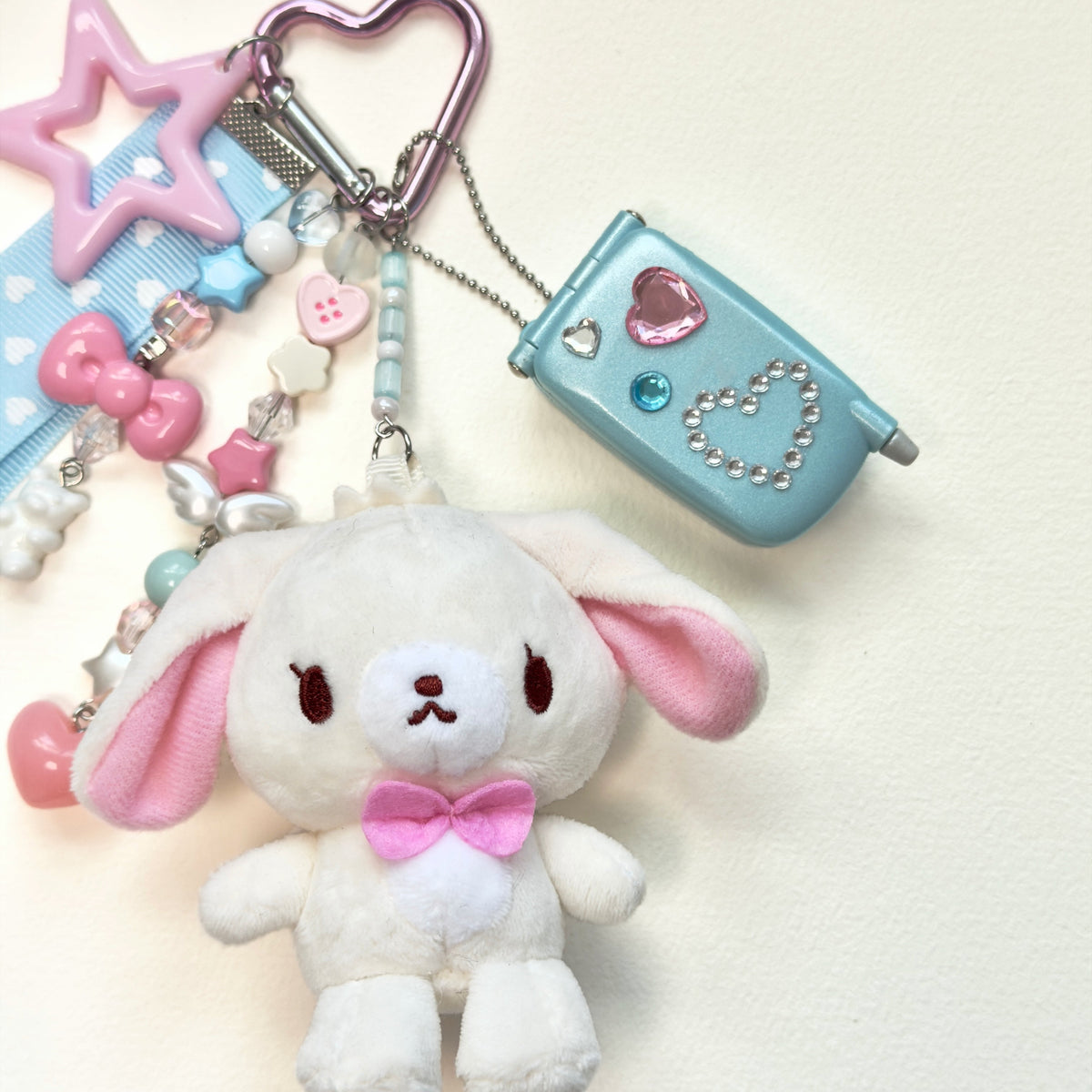 Kawaii Sanrio Plush Keychain with tiny phone– Cute Pink Heart Ribbon Bag Charm Fairy Kei Y2K Harajuku Maximalist Accessory
