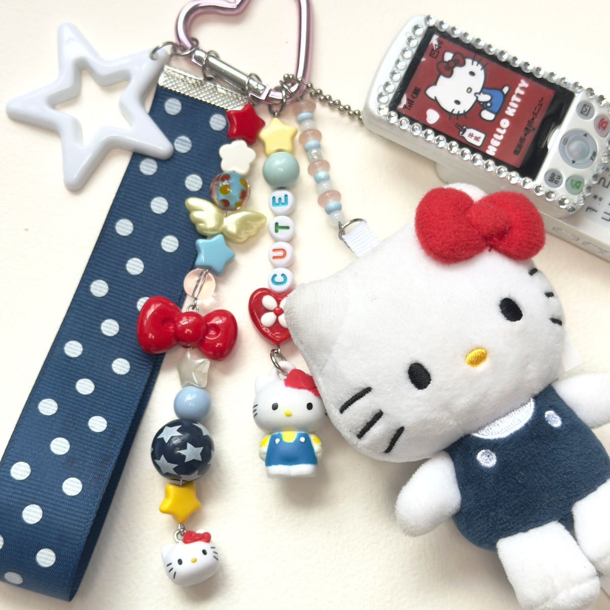 Kawaii Sanrio Plush Keychain with tiny phone– Cute Pink Heart Ribbon Bag Charm Fairy Kei Y2K Harajuku Maximalist Accessory