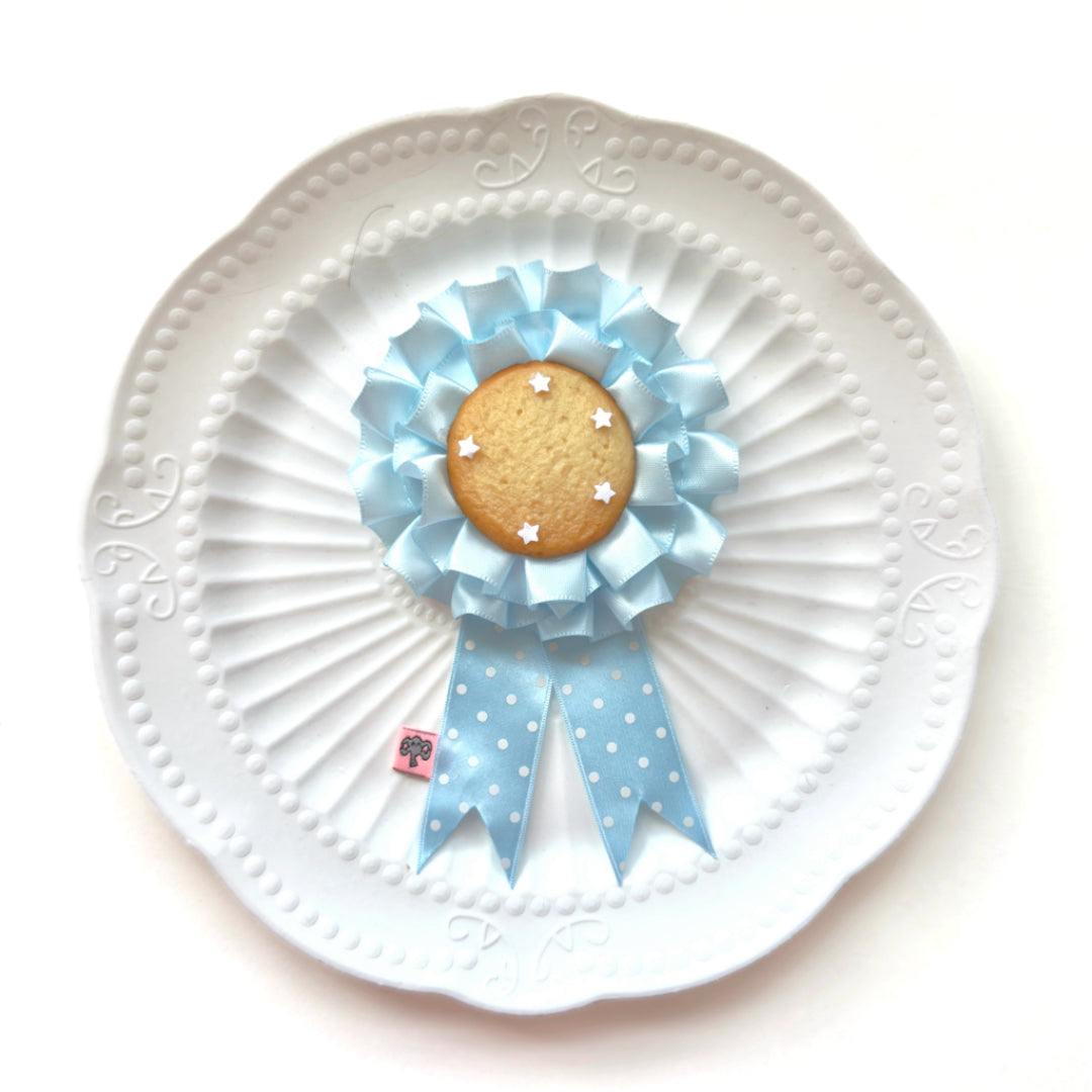 Kawaii Cookie Rosette Brooch | Blue Ribbon Biscuit Badge | Whimsical Bakery Accessory | Cute Handmade Gift