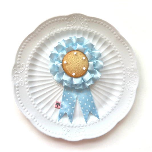 Kawaii Cookie Rosette Brooch | Blue Ribbon Biscuit Badge | Whimsical Bakery Accessory | Cute Handmade Gift