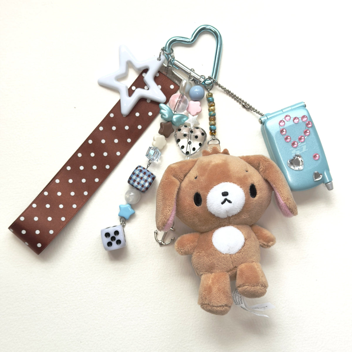 Kawaii Sanrio Plush Keychain with tiny phone– Cute Pink Heart Ribbon Bag Charm Fairy Kei Y2K Harajuku Maximalist Accessory
