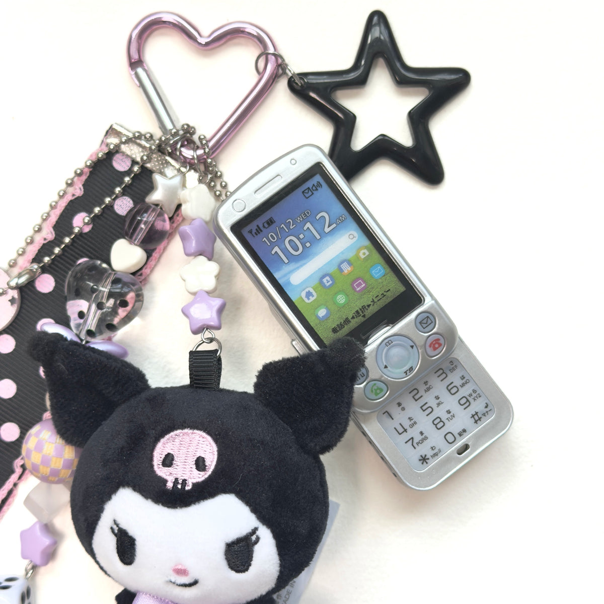 Kawaii Sanrio Plush Keychain with tiny phone– Cute Pink Heart Ribbon Bag Charm Fairy Kei Y2K Harajuku Maximalist Accessory