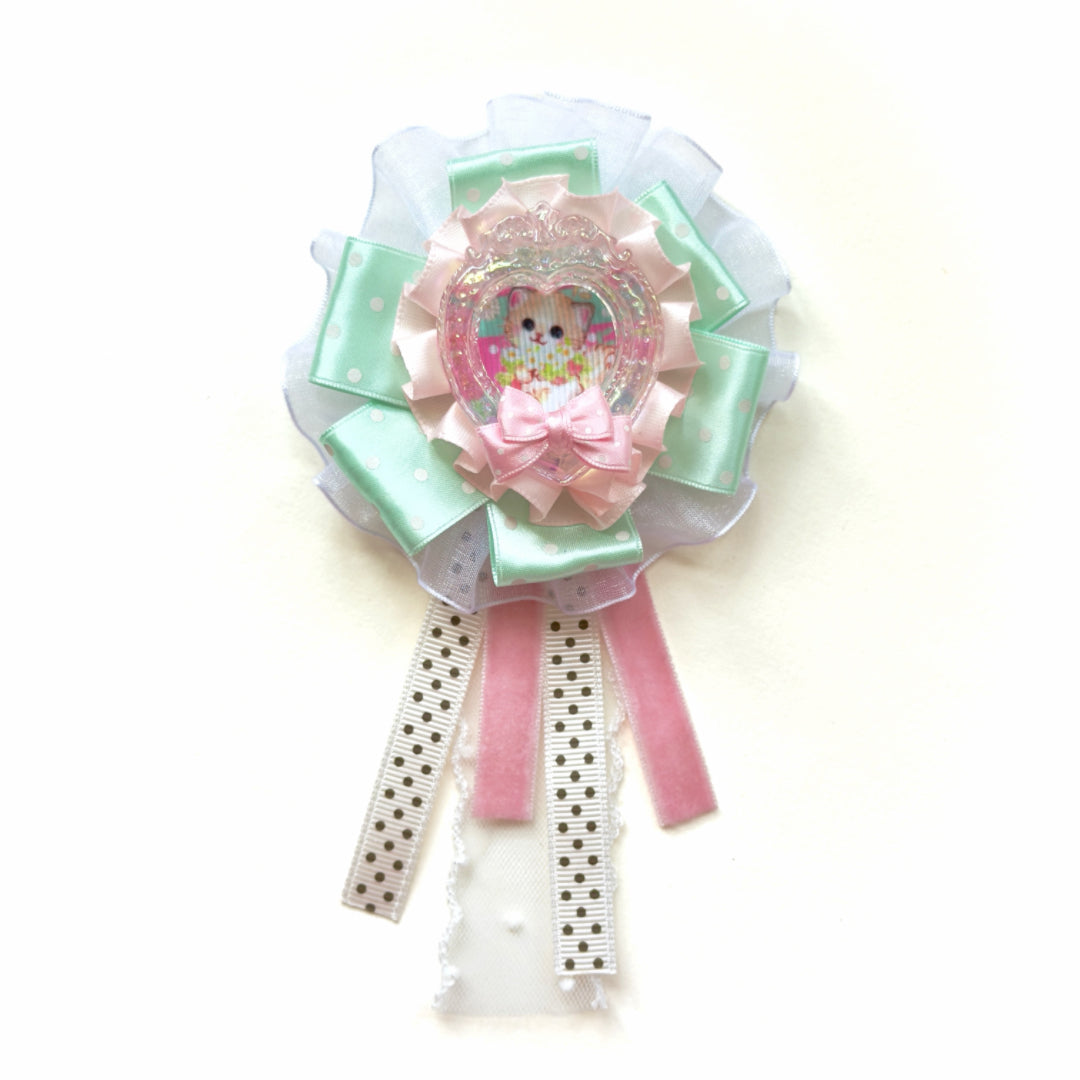 Whimsical Handmade Kawaii Kitten Rosette Brooch | Pastel Ribbon | Hair clip | Keychain | Bag charm