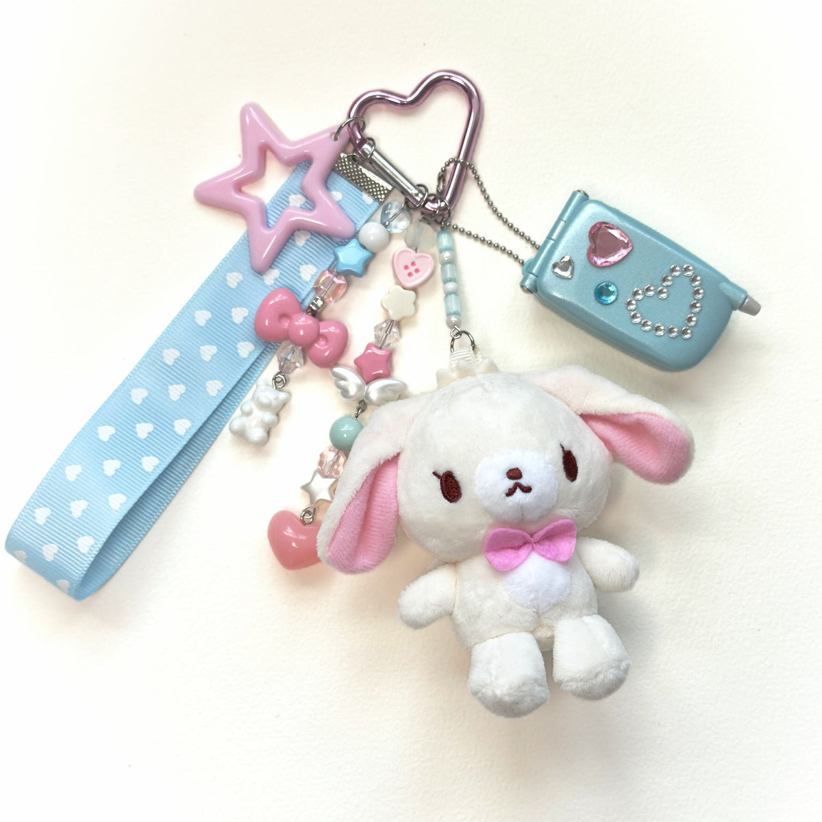 Kawaii Sanrio Plush Keychain with tiny phone– Cute Pink Heart Ribbon Bag Charm Fairy Kei Y2K Harajuku Maximalist Accessory