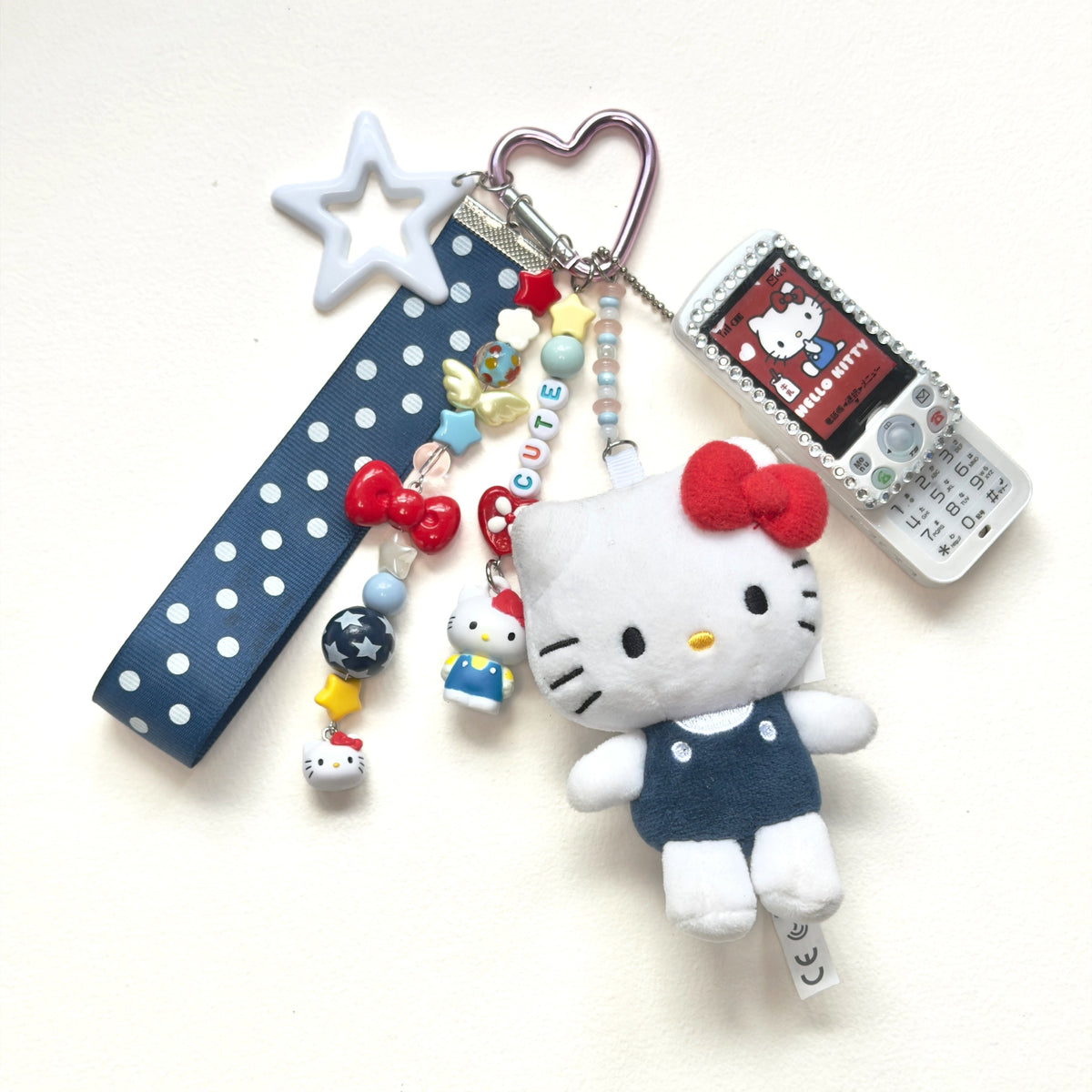 Kawaii Sanrio Plush Keychain with tiny phone– Cute Pink Heart Ribbon Bag Charm Fairy Kei Y2K Harajuku Maximalist Accessory
