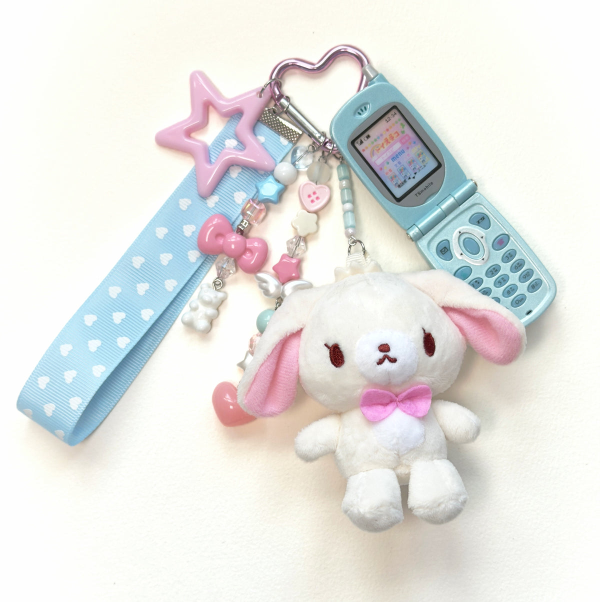 Kawaii Sanrio Plush Keychain with tiny phone– Cute Pink Heart Ribbon Bag Charm Fairy Kei Y2K Harajuku Maximalist Accessory
