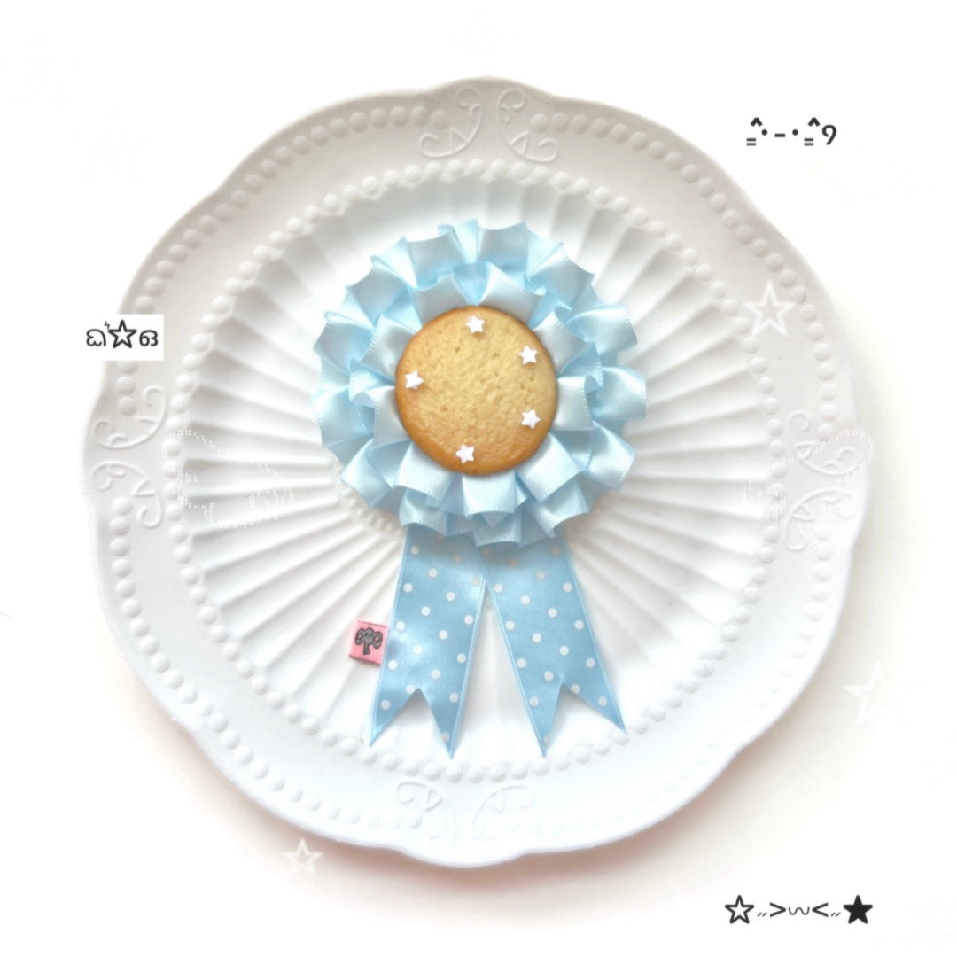 Kawaii Cookie Rosette Brooch | Blue Ribbon Biscuit Badge | Whimsical Bakery Accessory | Cute Handmade Gift