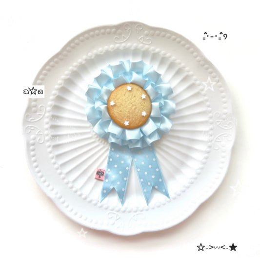 Kawaii Cookie Rosette Brooch | Blue Ribbon Biscuit Badge | Whimsical Bakery Accessory | Cute Handmade Gift