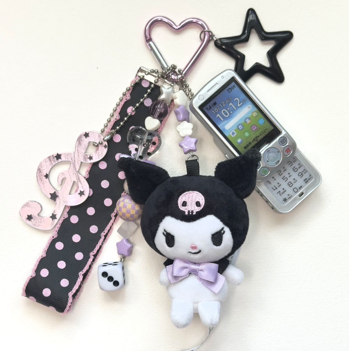 Kawaii Sanrio Plush Keychain with tiny phone– Cute Pink Heart Ribbon Bag Charm Fairy Kei Y2K Harajuku Maximalist Accessory