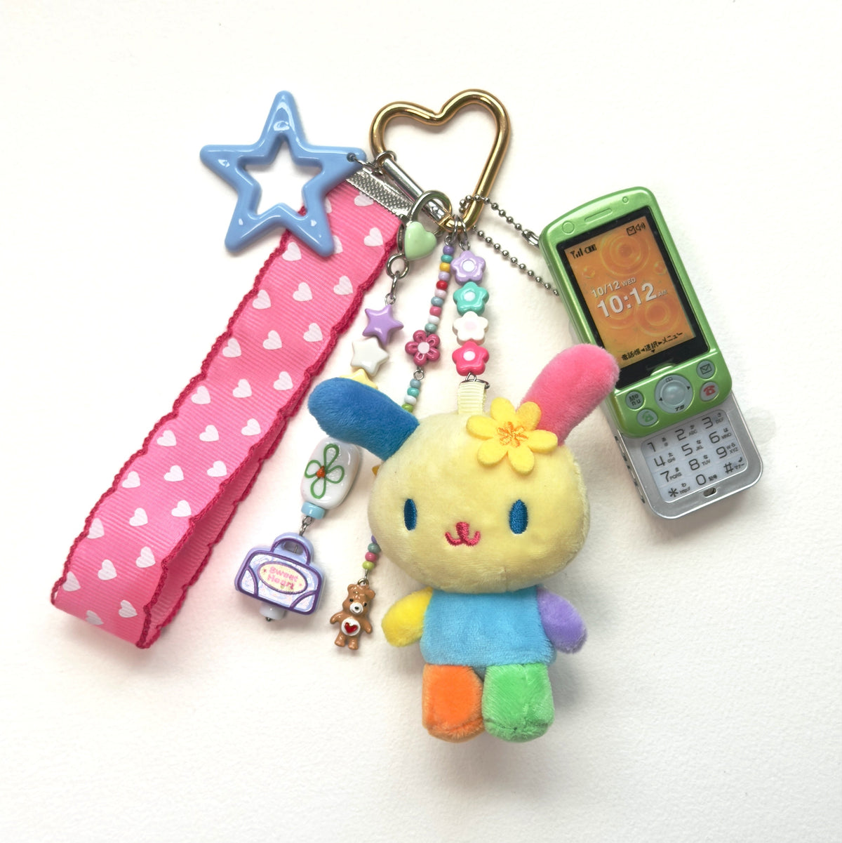 Kawaii Sanrio Plush Keychain with tiny phone– Cute Pink Heart Ribbon Bag Charm Fairy Kei Y2K Harajuku Maximalist Accessory