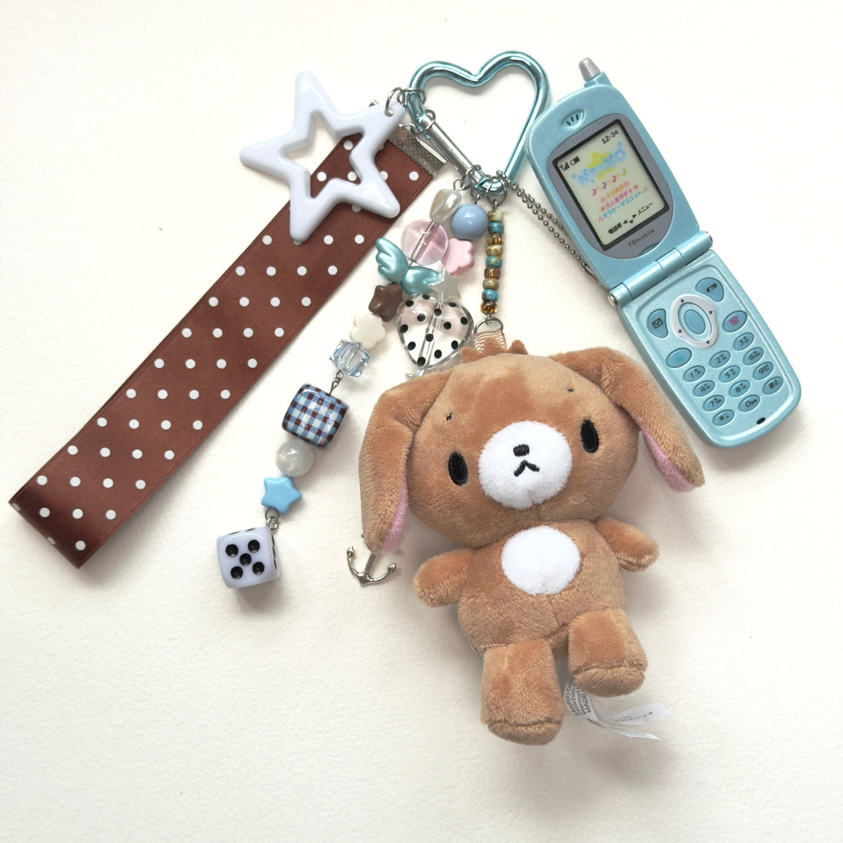 Kawaii Sanrio Plush Keychain with tiny phone– Cute Pink Heart Ribbon Bag Charm Fairy Kei Y2K Harajuku Maximalist Accessory