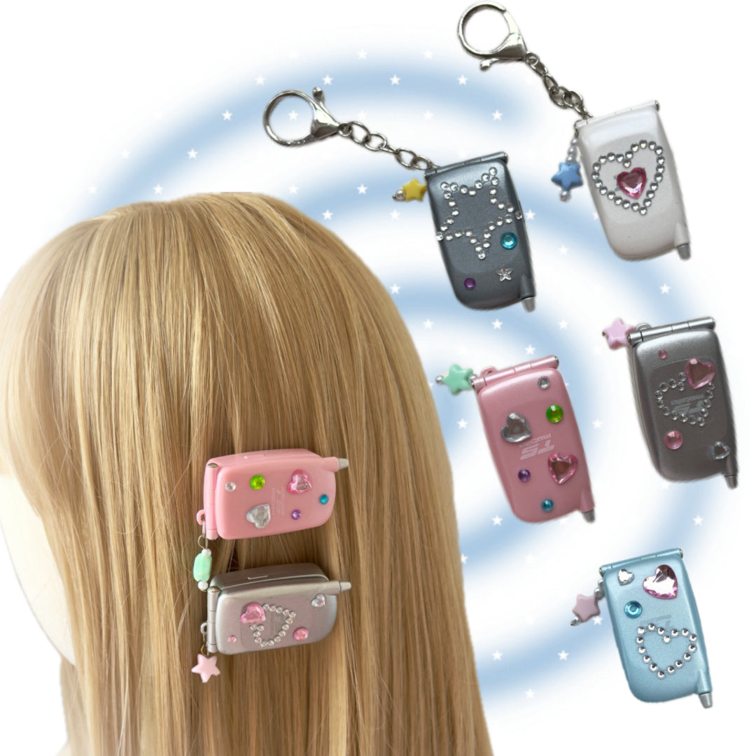 Y2K Flip Phone Keychain | Mini Retro Phone Charm | Kawaii Hiar Clip | 2000s Aesthetic Accessory