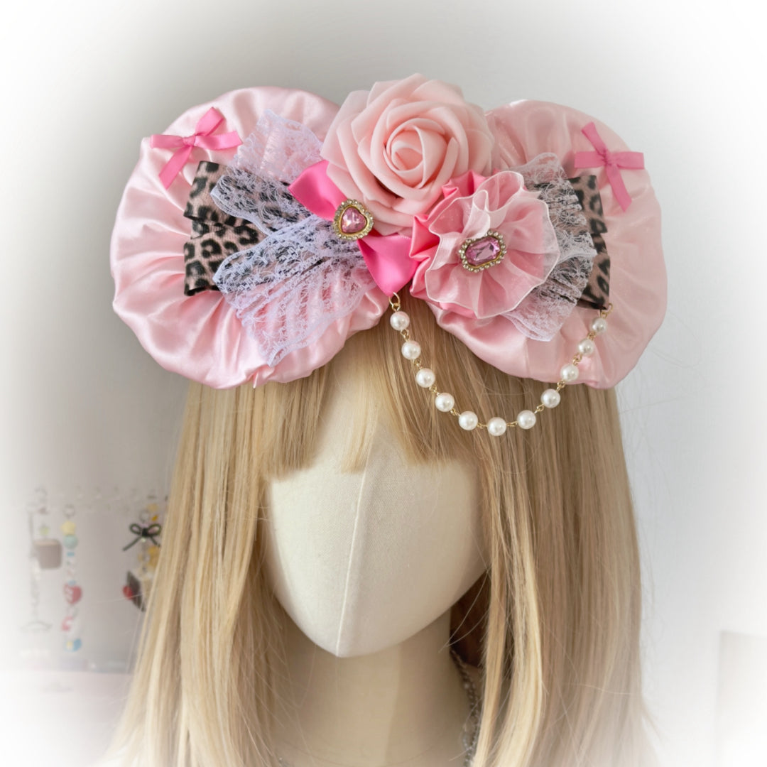 Handmade rose Leopard print pearl chain bow hairclip