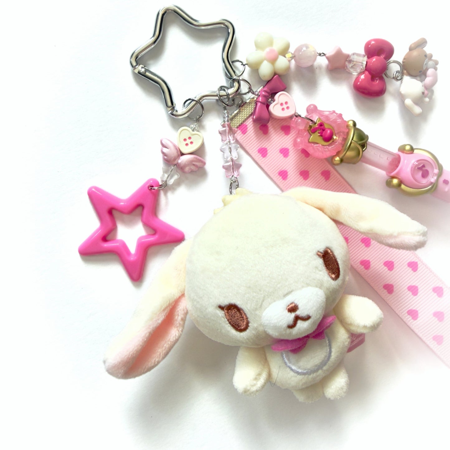 Kawaii Sugar Bunny Plush Keychain – Cute Pink Heart Ribbon Bag Charm Fairy Kei Y2K Harajuku Maximalist Accessory