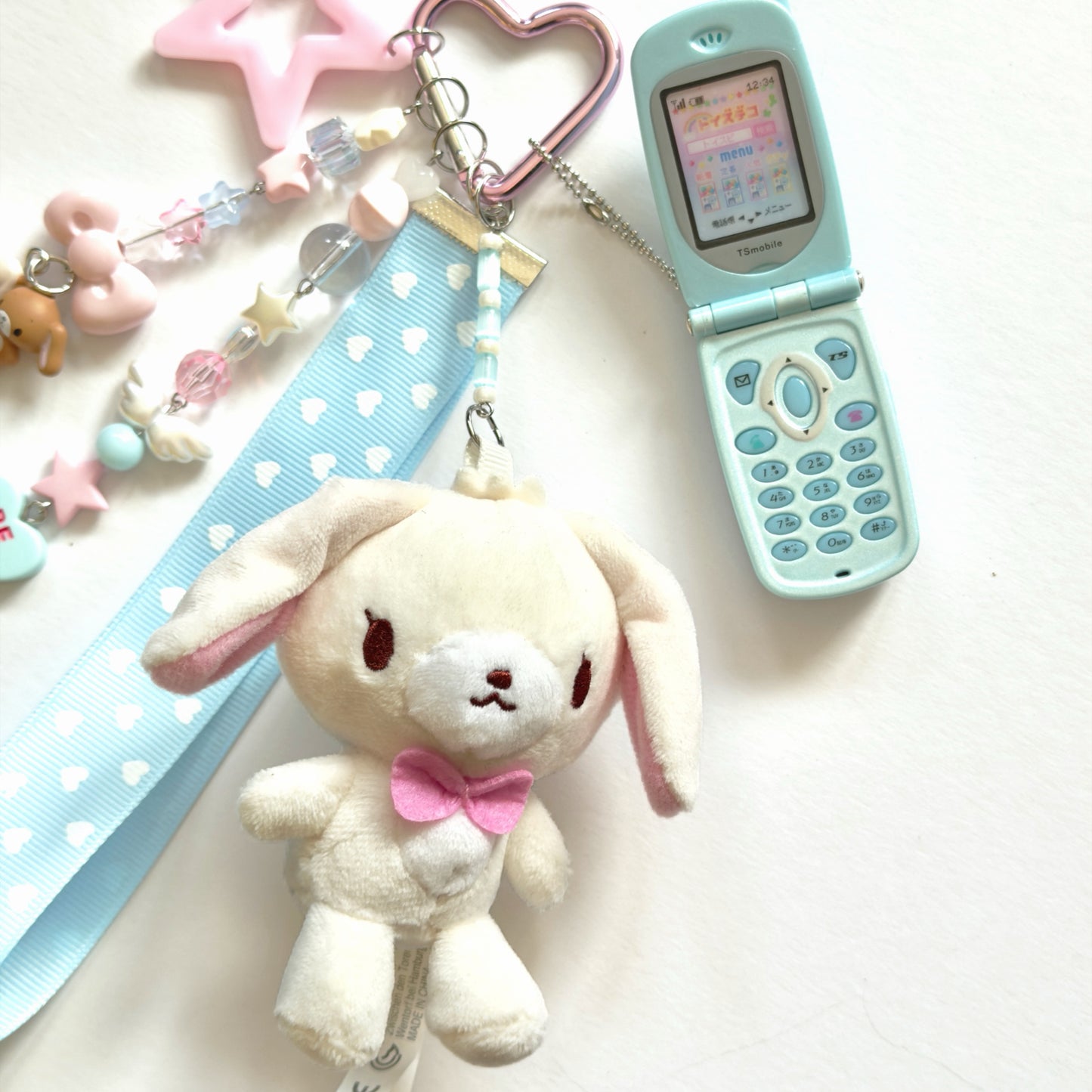 Kawaii Sugar Bunny Plush Keychain with tiny phone– Cute Pink Heart Ribbon Bag Charm Fairy Kei Y2K Harajuku Maximalist Accessory