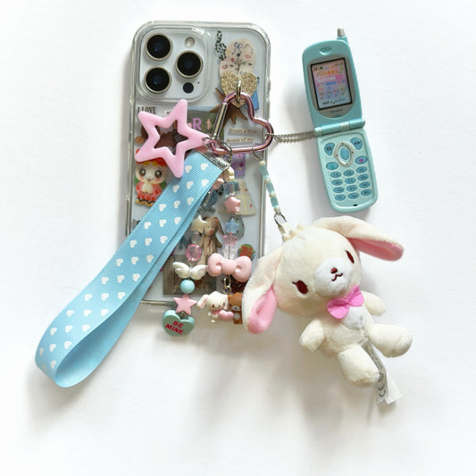 Kawaii Sugar Bunny Plush Keychain with tiny phone– Cute Pink Heart Ribbon Bag Charm Fairy Kei Y2K Harajuku Maximalist Accessory