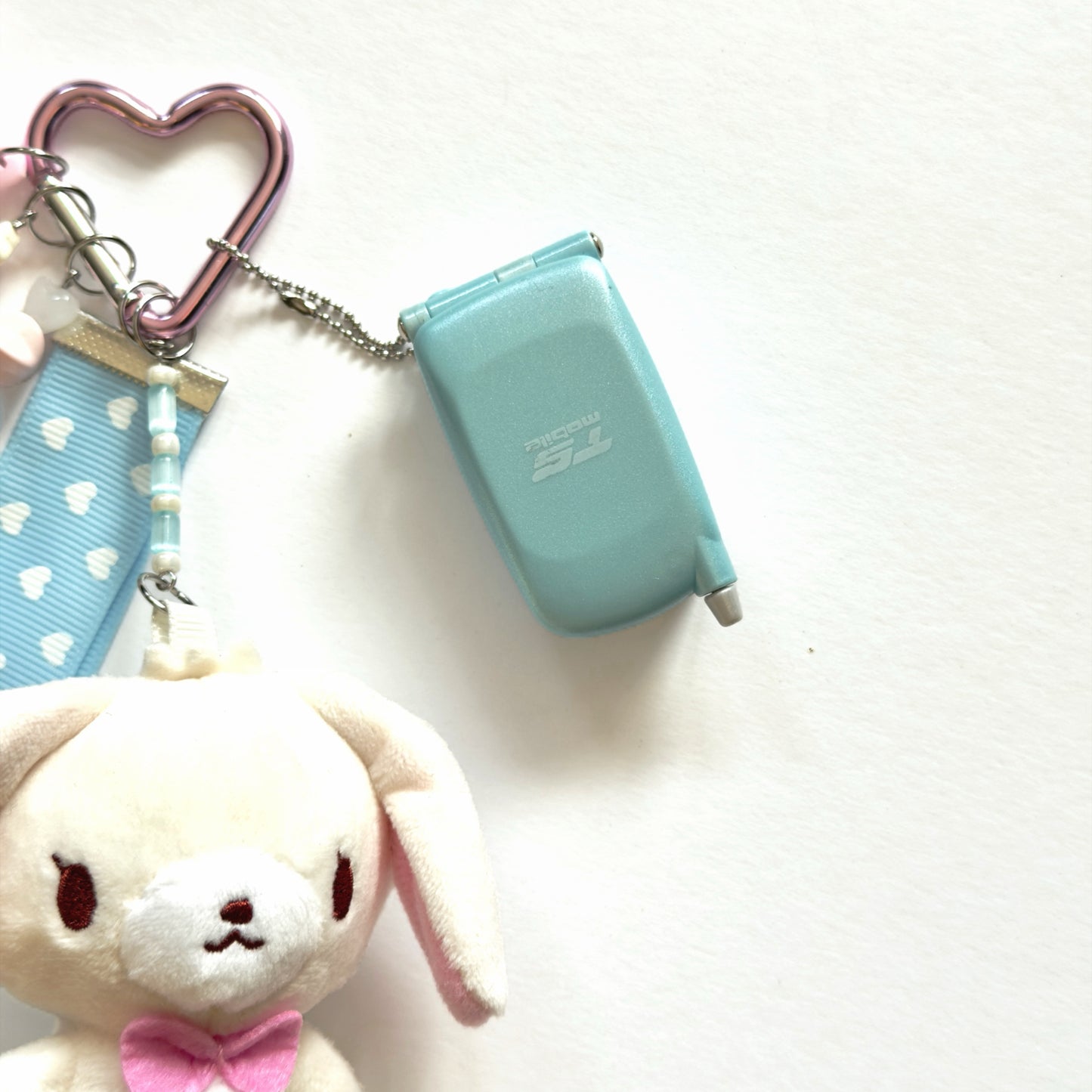 Kawaii Sugar Bunny Plush Keychain with tiny phone– Cute Pink Heart Ribbon Bag Charm Fairy Kei Y2K Harajuku Maximalist Accessory