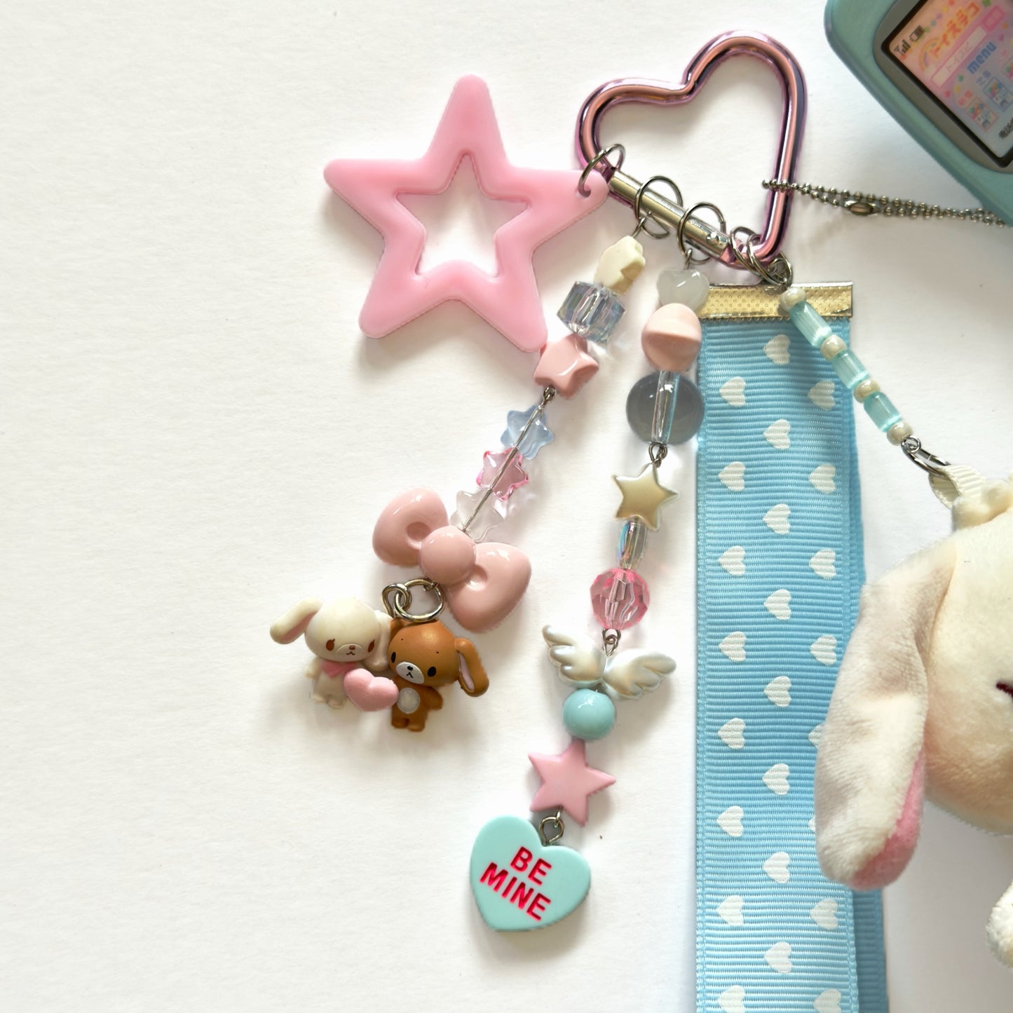 Kawaii Sugar Bunny Plush Keychain with tiny phone– Cute Pink Heart Ribbon Bag Charm Fairy Kei Y2K Harajuku Maximalist Accessory