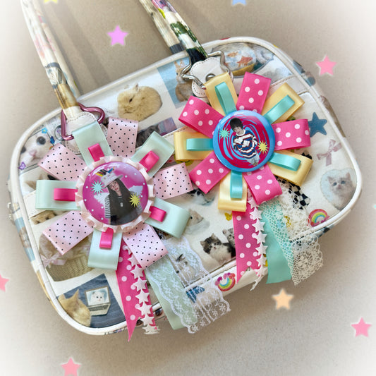 NewJeans Inspired rosette, Handmade Kpop Rosette Keychain, Idol Photo Badge Holder, Y2K Kawaii Ribbon Brooch