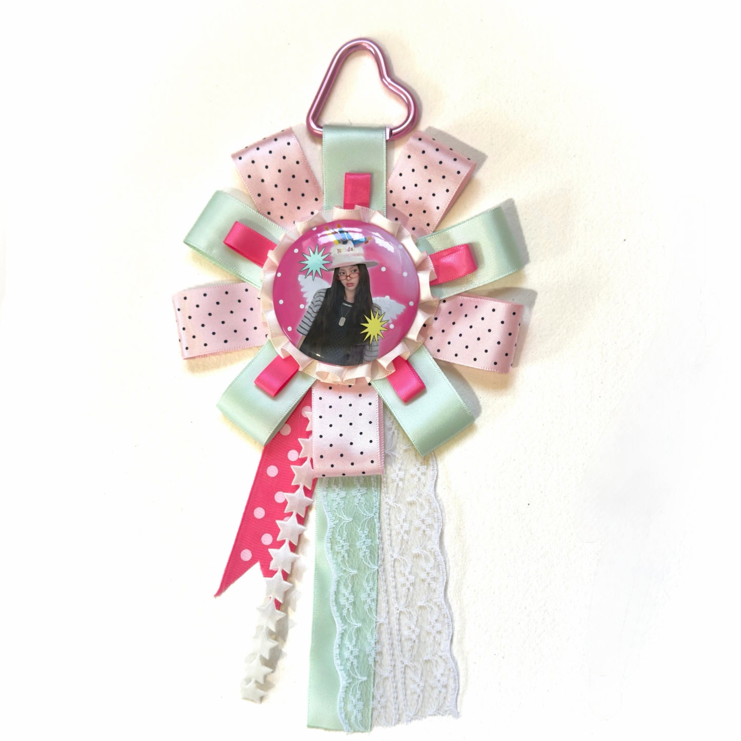 NewJeans Inspired rosette, Handmade Kpop Rosette Keychain, Idol Photo Badge Holder, Y2K Kawaii Ribbon Brooch
