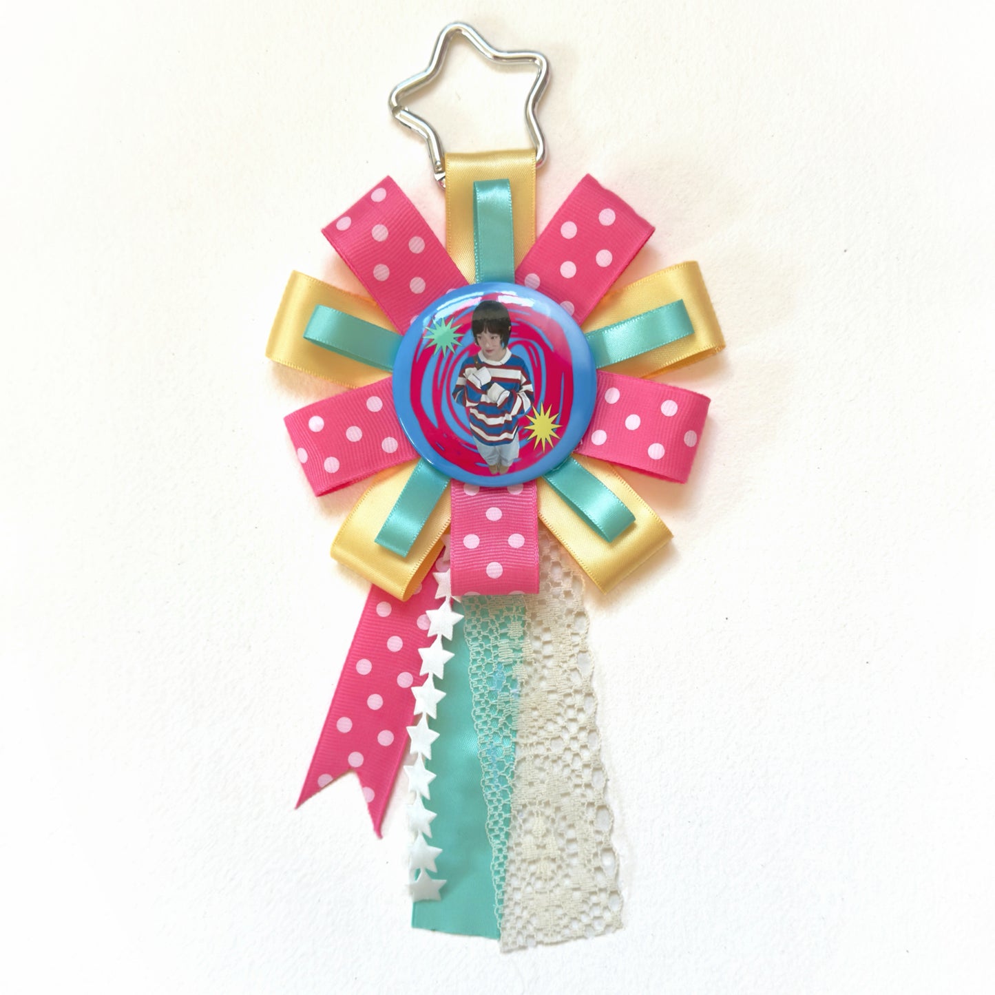 NewJeans Inspired rosette, Handmade Kpop Rosette Keychain, Idol Photo Badge Holder, Y2K Kawaii Ribbon Brooch