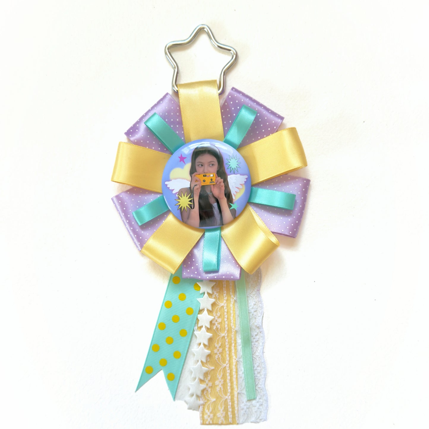 NewJeans Inspired rosette, Handmade Kpop Rosette Keychain, Idol Photo Badge Holder, Y2K Kawaii Ribbon Brooch