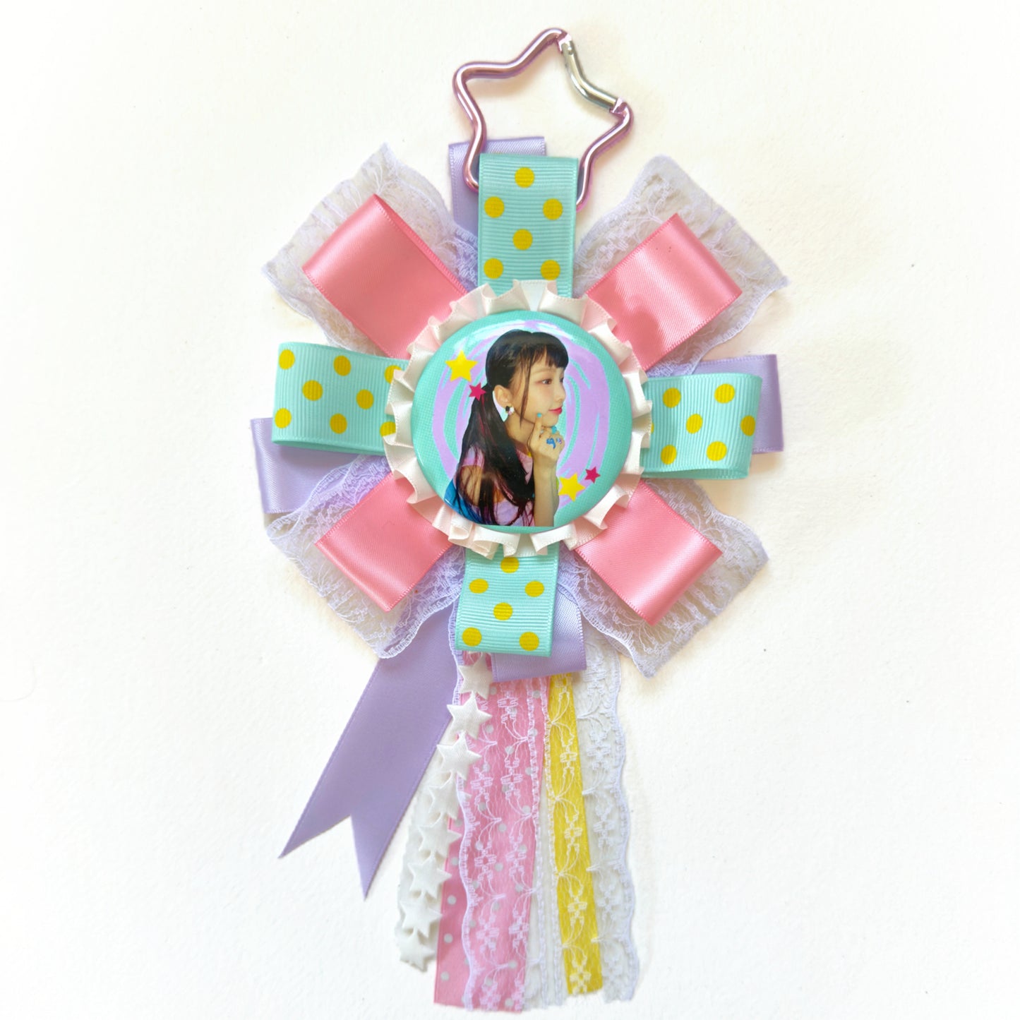 NewJeans Inspired rosette, Handmade Kpop Rosette Keychain, Idol Photo Badge Holder, Y2K Kawaii Ribbon Brooch