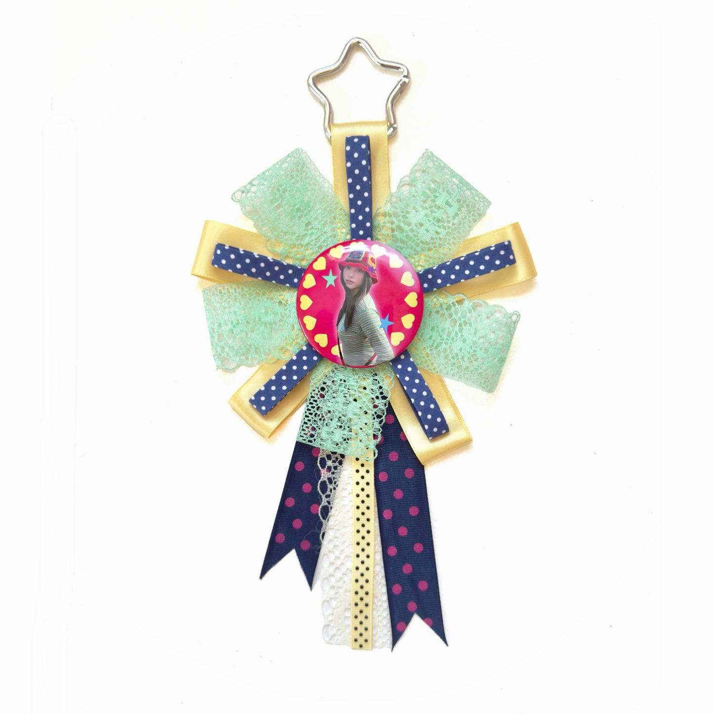 NewJeans Inspired rosette, Handmade Kpop Rosette Keychain, Idol Photo Badge Holder, Y2K Kawaii Ribbon Brooch