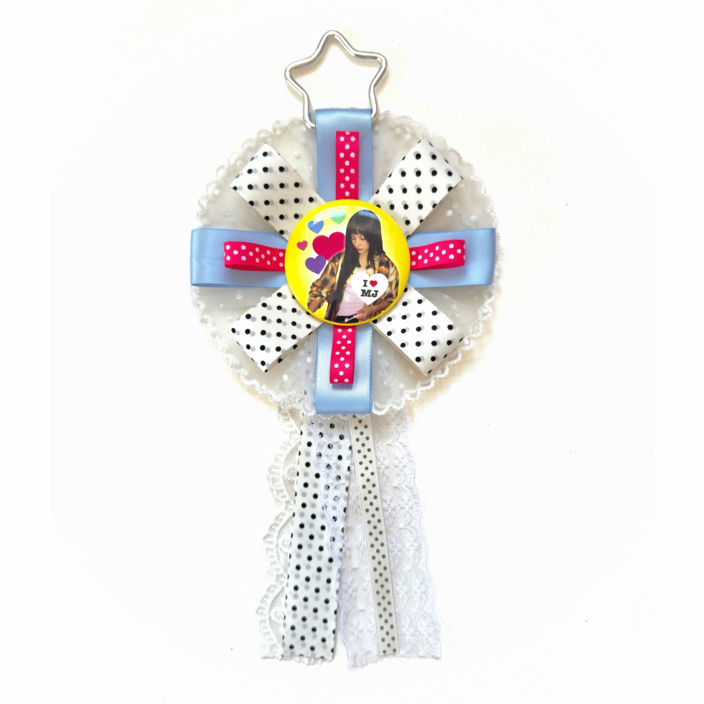 NewJeans Inspired rosette, Handmade Kpop Rosette Keychain, Idol Photo Badge Holder, Y2K Kawaii Ribbon Brooch